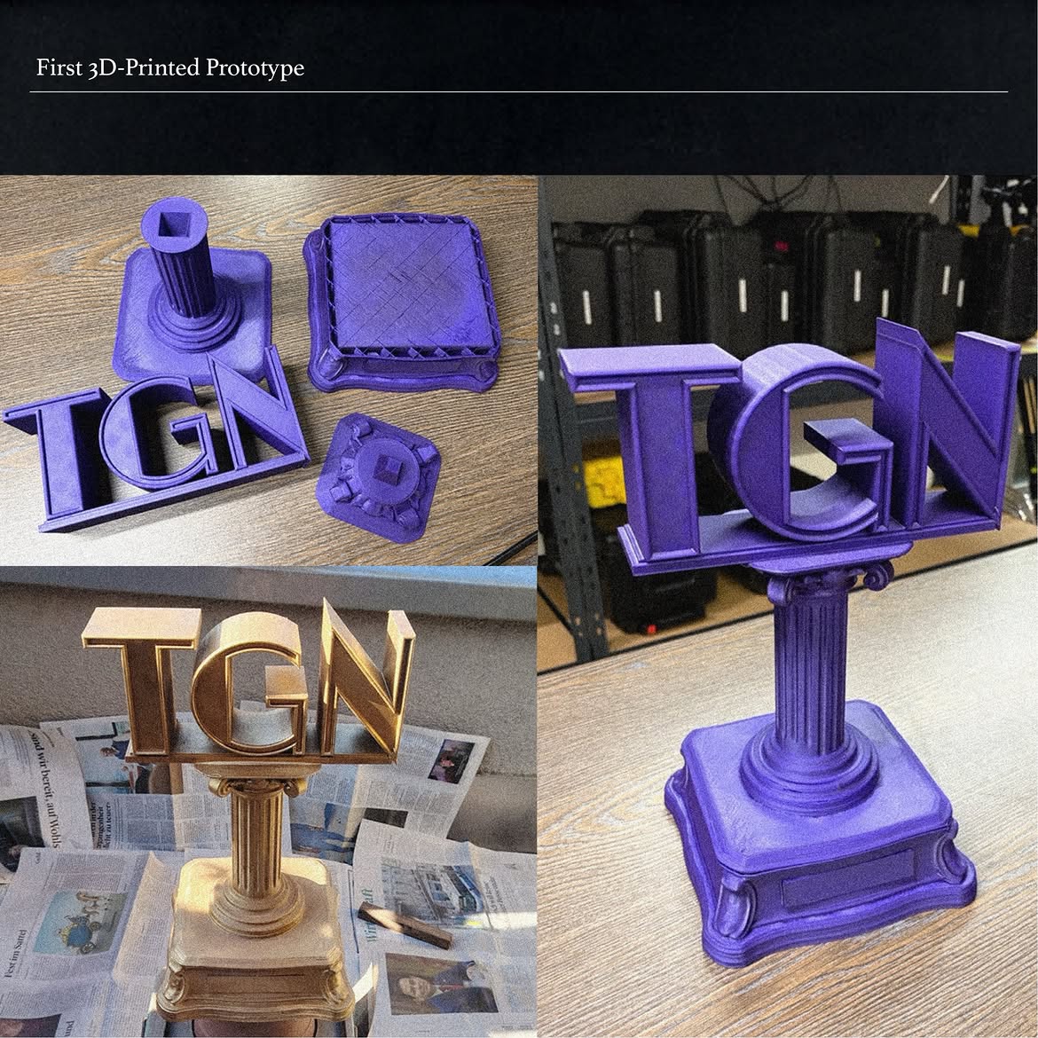 Erster violetter 3D-gedruckter Prototyp des TGN-Pokals